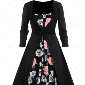 Women's black and pink floral tank dress with sleeved lightweight cover up 2xl